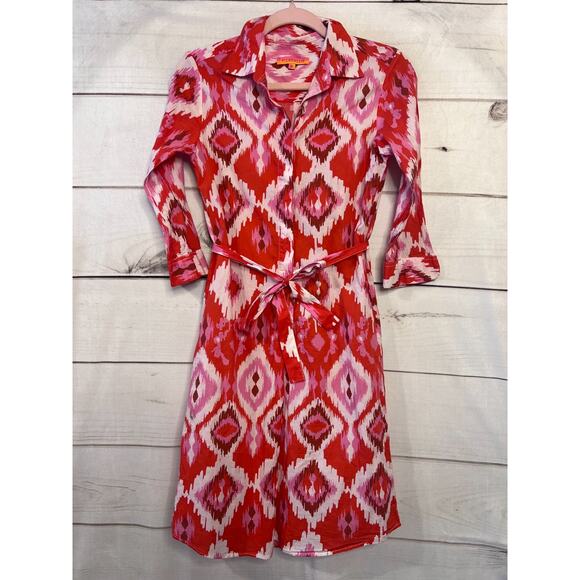 Vilagallo Dresses & Skirts - Vilagallo Dress Size 36 Red White Pink Print Lightweight Tie Waist Collar Preppy